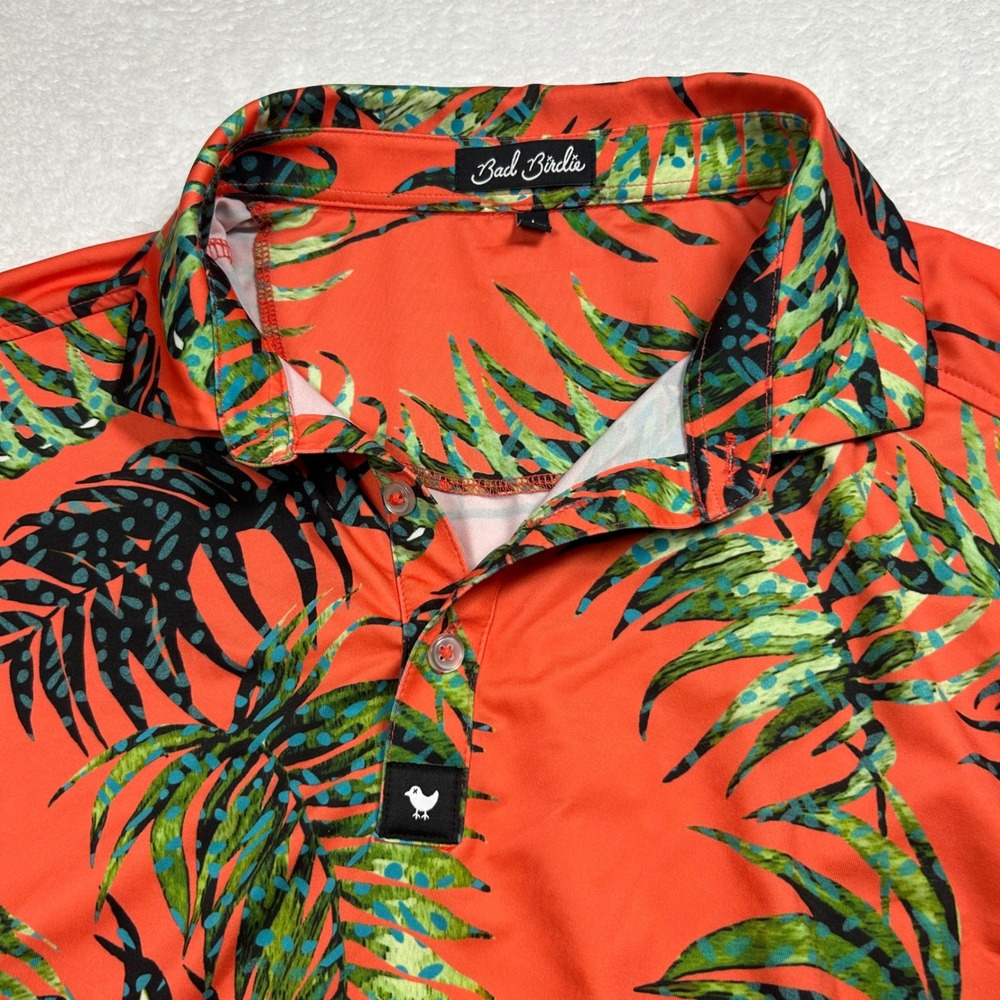 Bad Birdie Golf Polo Shirt Tropical Palm Leaf Print Mens Large Orange S/S